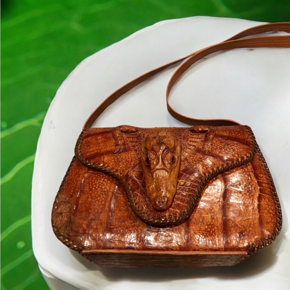 Unique Vintage Genuine Brown Alligator Crocodile Leather Handbag Purse - Picture 2 of 5